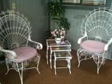 Princess Chairs Pair in White Wrought Iron with Cushions & Nesting Tables Wrought Iron & Glass