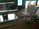Metal Patio Set: Sofa, Loveseat, Pair of Arm Chairs with Cushions, End & Coffee Tables with Glass Tops