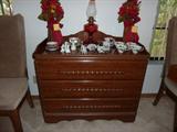 1940's Carved 3 Drawer Buffet on Casters with Asian Porcelain - Marked Nippon, Noritake, Made in Japan
