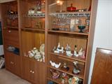 Oak Veneer 3 Section Wall Unit with Bar Glass Holders, Lights and Glass Front Cabinets at Top plus Drop Leaf at far Left