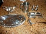 Assorted Silver Plate: Gravy Boat, Pewter Tankard, Engraved Shefield England; Covered Butter Dish w/Glass Insert; Large Ladle by Bailey Banks & Biddle