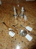 Assorted Sterling:  Salt & Pepper by Duchin; Pieced Bon Bon by Gorham, 1941; Oyster Forks (2)   
