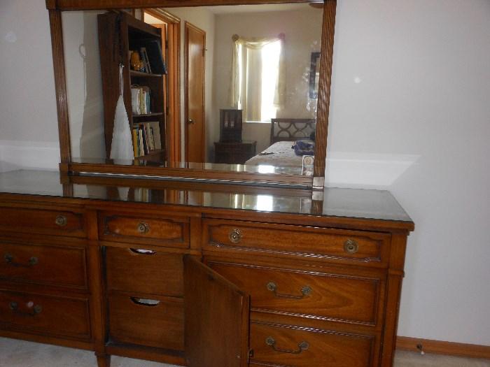 Solid Mahogany Drexel Dresser and Mirror with custom glass top