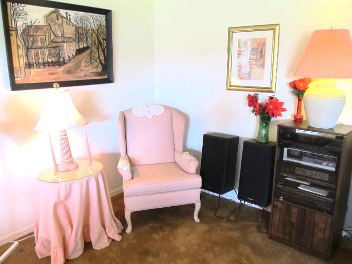 Wing Back Queen Anne Style Chair with pink upholstery; Stereo Cabinet with glass doors and shelves storage and cabinet storage; Stereo accessories..., including Stereo accessories including Pioneer Floor Speakers shown,  Sherwood Receiver, Teac Compact Disc Player, Sharp Cassette Player, etc.   are also available.    Accent Table Lamps and artworks shown are also available.  