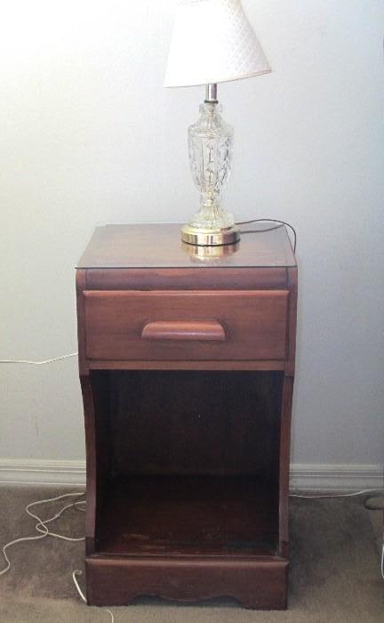 Vintage Night Stand with drawer and bookshelf storage, glass top;  Accent Table Lamp shown is also available.