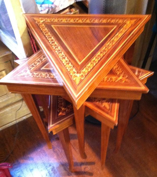 Vintage Reuge Musical Triangle Tables in Italian Marquetry
