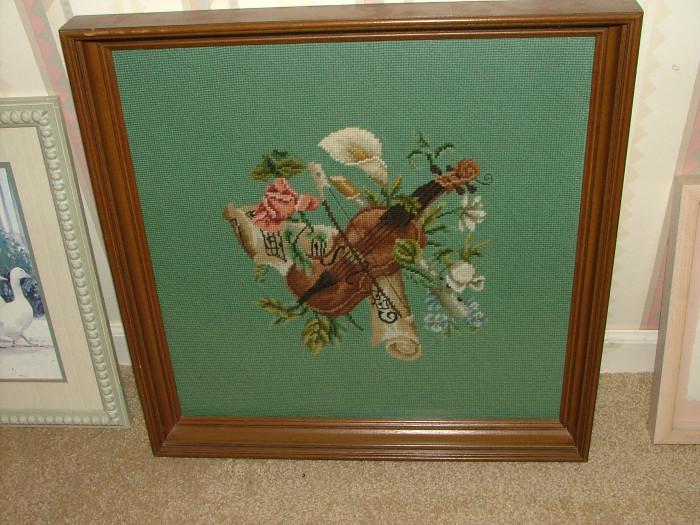 Needlepoint framed image - we have a TON of cool needlepoint seatcovers, never stretched.
