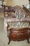 LOVE SEAT TAPESTRY SMALL SOFA $100 BOWED FRONT SIDE TABLE $200 candelabra is sold