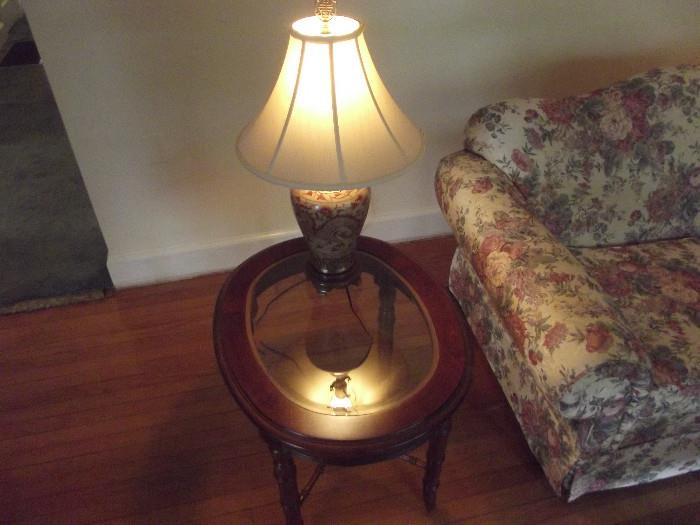 Matching Glass top side tables, with beautiful matching lamps 