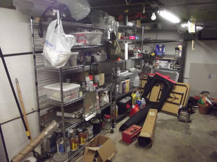 Lots of assorted items and industrial grade metal shelves 