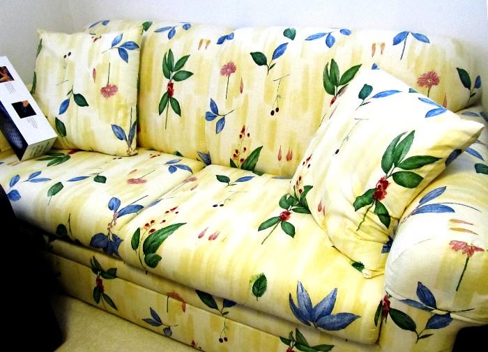 Lazy Boy Sleeper Sofa with rolled arms and beautiful floral on cream with blue and green floral accented upholstery