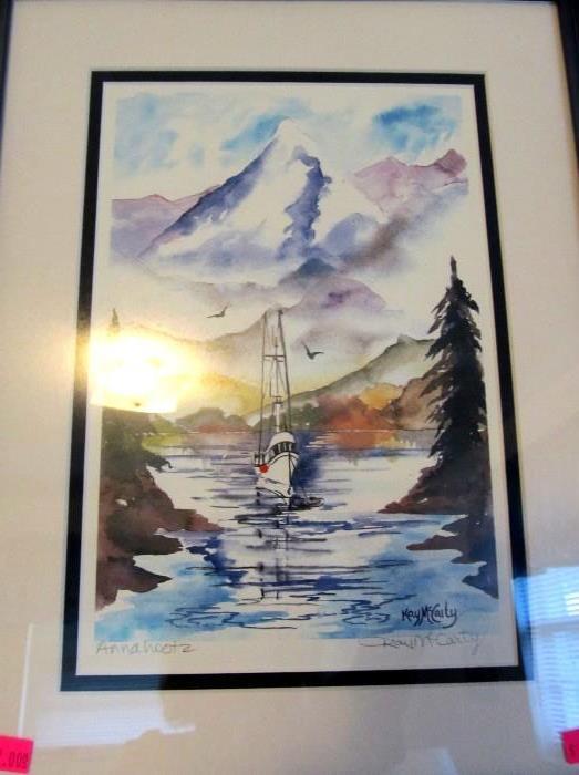 Water Color Print by Listed Artist Kay McCarty.  Painting is entitled Annahootz and depicts a peaceful  Alaskan scene complete with fishing boat perhaps returning from fishing in the Alaskan waters near Sitka, Alaska.  Print is double signed by artist.