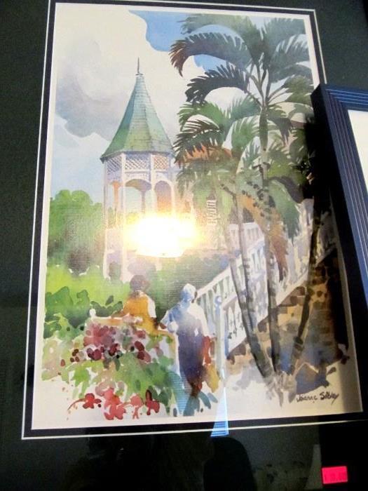 Water Color Print by listed artist Joanne Sibley depicting a tropical setting ...perhaps Jamaica or Cayman Islands setting.  Print is signed by artist.