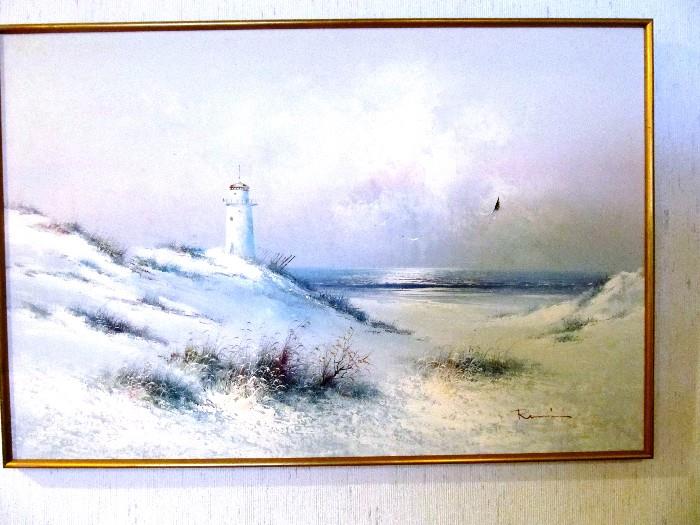 Lovely artwork depicting  coastal lighthouse.  Painting is signed by artist...we should have asked him to print his name...