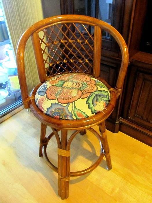 One of Two Matching  Vintage Rattan and Wicker Bar Stools with cushion seats