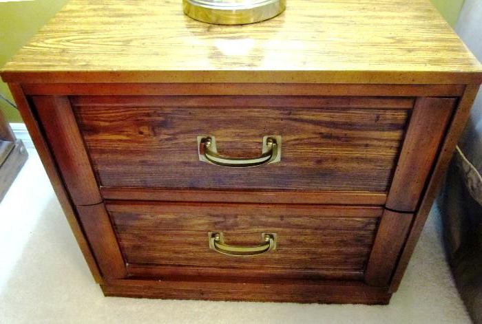 One of Two Matching Traditional Style Bassett Night Stands with double drawer storage and brass pulls.  Night Stands are matching to other  Bassett bedroom furniture including triple dresser with mirror, chest of drawers, and queen size headboard which are pictured elsewhere in this collection.