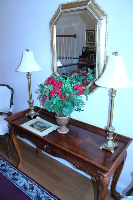 Console table, lamps, mirror