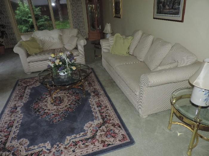 Brass & glass tables, rug, sofas and MORE !