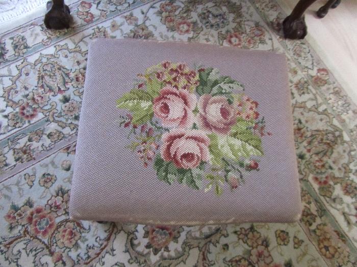 Antique Foot Bench with hand embroidered top