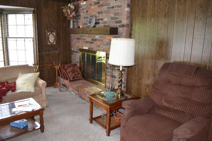 Recliner, end tables, table lamps