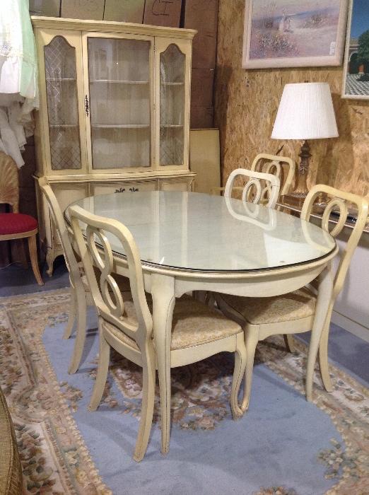 French Provincial Dining Table, Chairs, China Cabinet