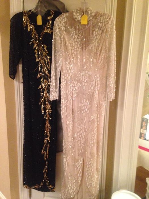 Bob Mackie Hand Beaded Nude/Pearl Gown originally 4, 500.00 Black and Gold Evening Gown Heavily beaded 