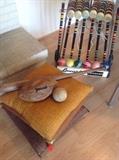 Vintage baseball bat and football.... And semi vintage croquet 