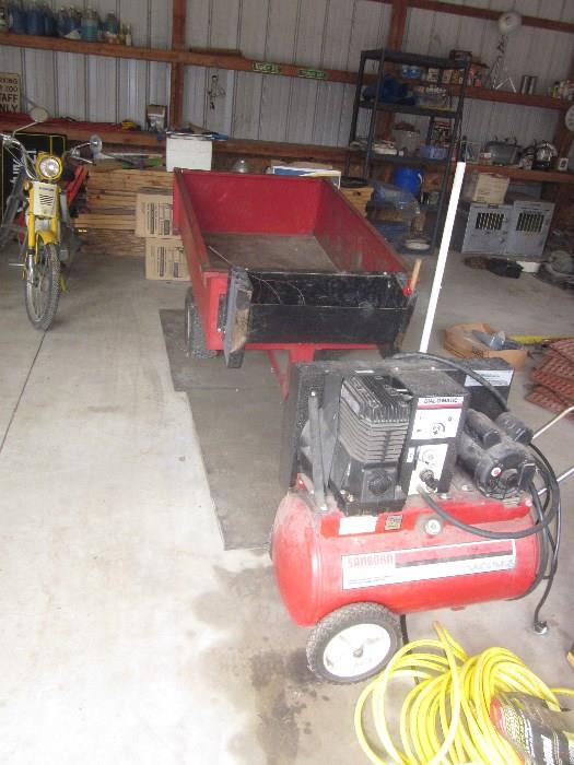 yard cart, Sandborn air compressor, air compressor hoses, floor jack