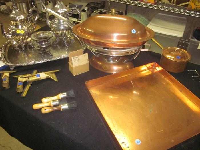 Legion Copper chaffing dish, silver plate tea set, Copper sauce pan