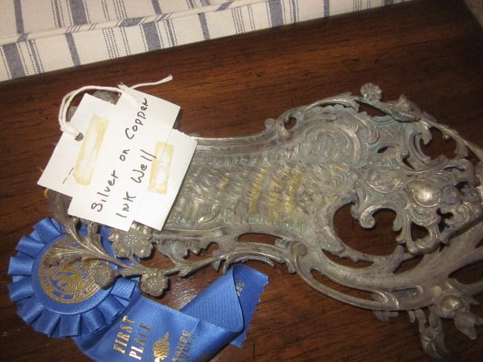 Silver on Copper ink well, Blue ribbon winner for quality antique at county fair