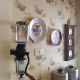 Antique coffee grinder, 1776-1976 plate, Indian plate, Brass weather station