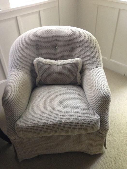 Recently re-upholstered barrel chair, one of a pair