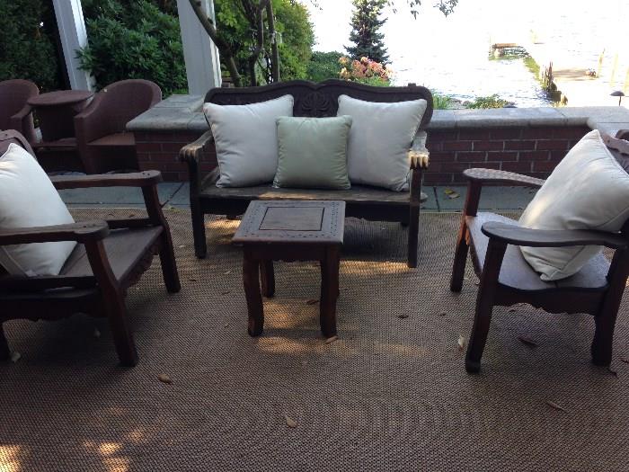 Wooden bench, armchairs and table
