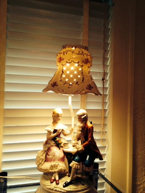 Dresden style lamp and shade (one of a pair)