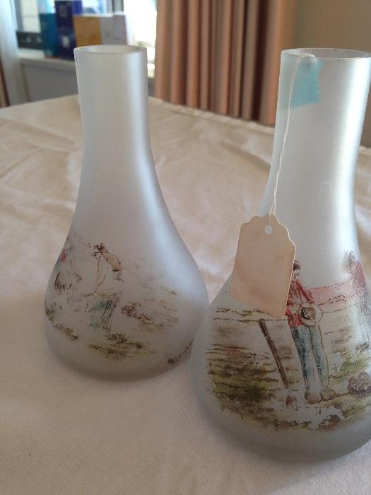 Pair/French handpainted glass vases