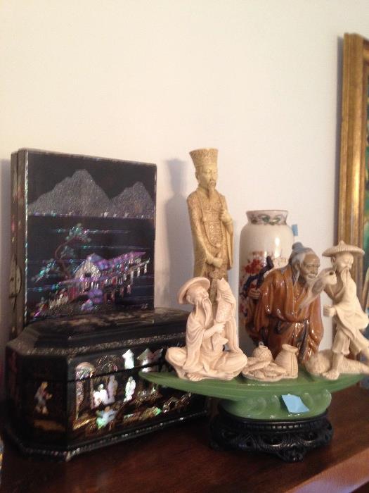 Chinese figures and boxes (guaranteed not ivory)