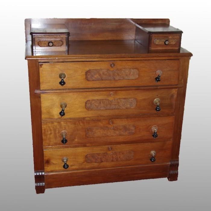 Antique Empire Style Chest of Drawers with Glove Boxes and Burled Walnut Inlay
Condition:Very good
Shipping: No
Size: 38x17x42"
Location: DR