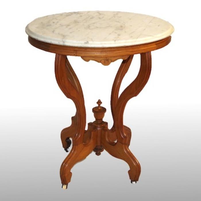 Antique Eastlake Accent Table with Carved Legs, Marble Top and Ceramic Casters
Condition: Very good
Shipping: No
Size: 26x19x28"
Location: DR 
