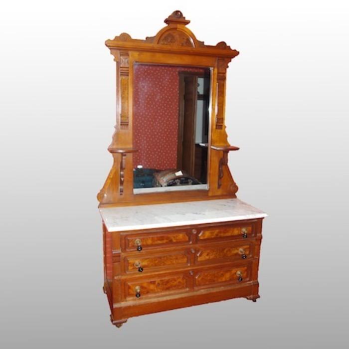 Amazing Antique Eastlake Chest of Drawers with Marble Top and Beautifully Carved Mirror with Candlestick Shelves.
Condition: Very good
Shipping: BED
