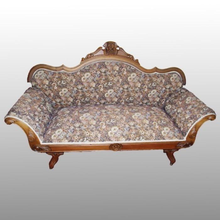 Antique Victorian Empire Duncan Phyfee Sofa style with Heavily Carved grape theme Details and Floral Upholstery
Condition: Very good
Shipping: No
Size: 72" x 36" x 39"
Location: LR