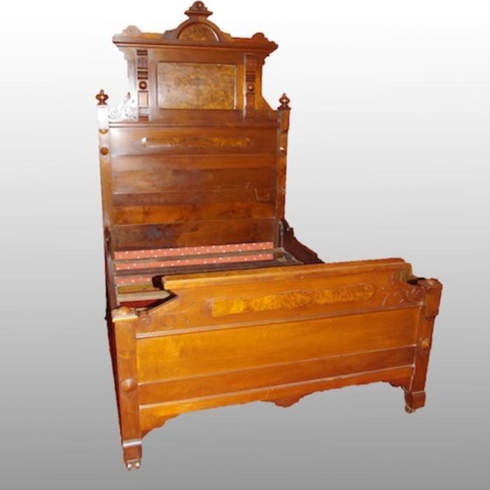 Antique Eastlake Bed Frame with Amazing Carved Detail and Walnut Veneer. Quite a stately piece and incredibly well made.
Condition: Very good
Shipping: No
Size: 78x57x84" Overall
Location: BED