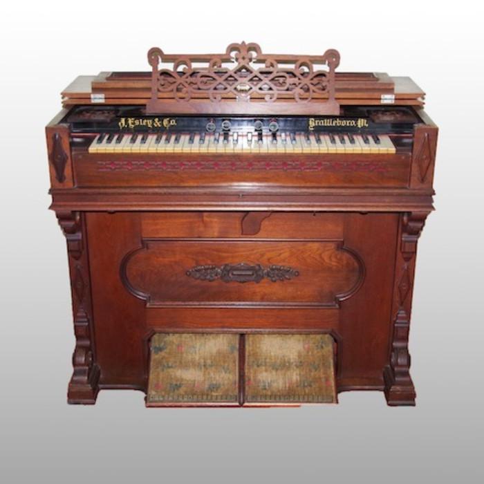 Incredible Antique Late 1800's Estey Cottage Organ with Beautiful Detail all Around. This is a pump organ and is in working condition. Made J. Estey & Co. Brattleboro, VT. Stool is also included.
Condition: Very good- Music stand does have one split that needs repair
Shipping: No
Size: 41x23x36"
Location: LR