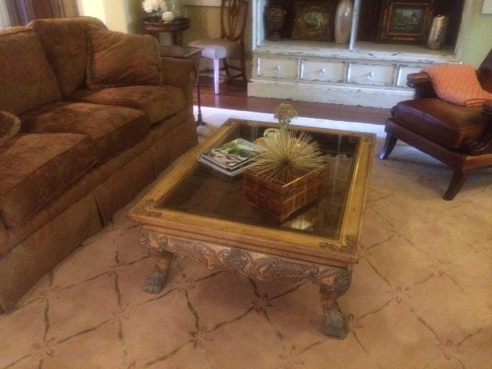Glass top coffee table, exquisite carving-36" W x 48" L, 16" High - $500.00
