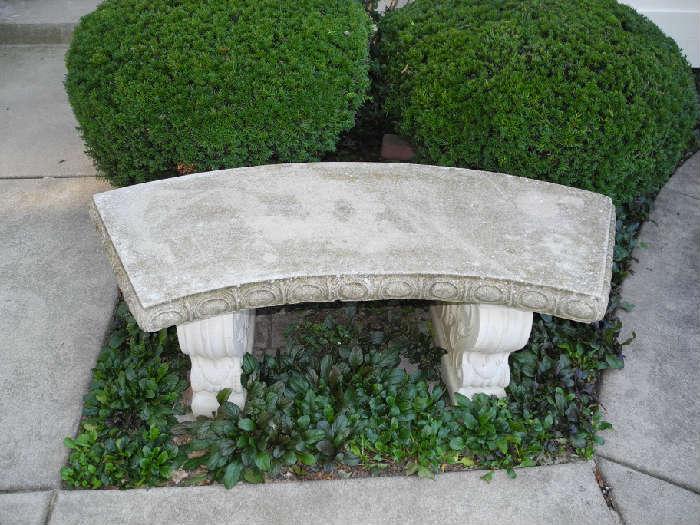 Concrete bench, concrete pots with mums, more garden items