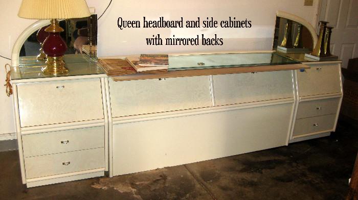 Queen headboard and side cabinets with mirrored backs