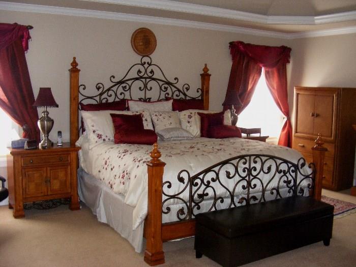 Wrought Iron and wood King Size Bed. Headboard and footboard-Box Spring and Mattress