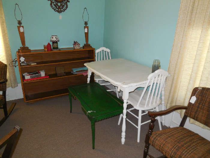 Kitchen table & 2 chairs, bookcase