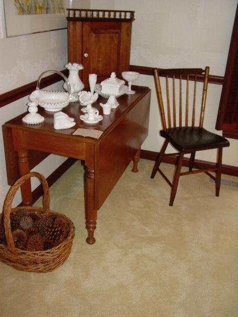 Antique Drop Leaf Table, antique hanging corner cabinet and plank bottom chair, milk glass collection.