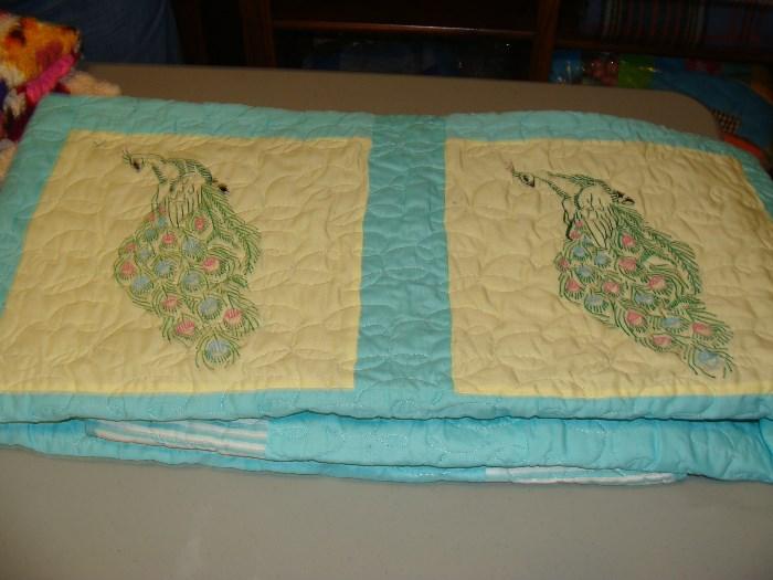 Vintage Quilt with painted peacocks