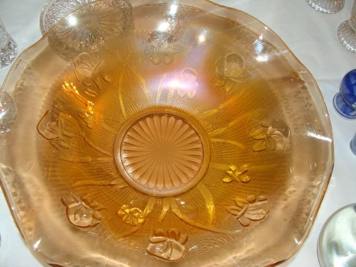 Iris Depression Glass in Carnival Marigold fluted edging